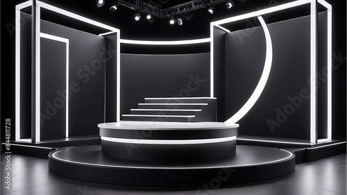 Product display exhibition modern stage design podium black stage,  neon  frame, and white display photo