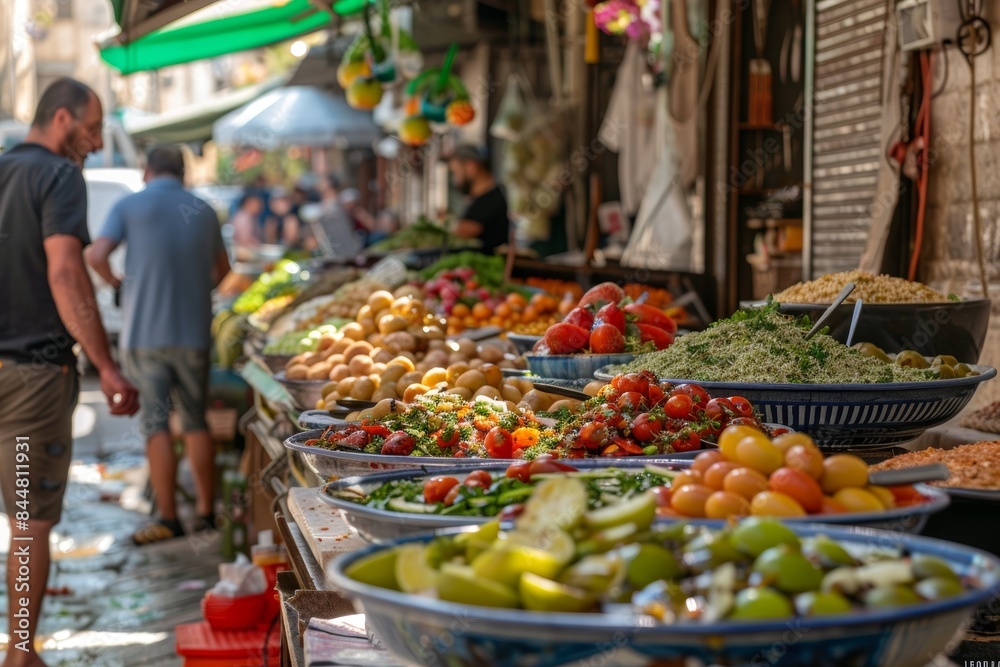 Obraz premium Bustling Mediterranean Street Food Market with Fresh Produce and Vibrant Atmosphere for Culinary Enthusiasts