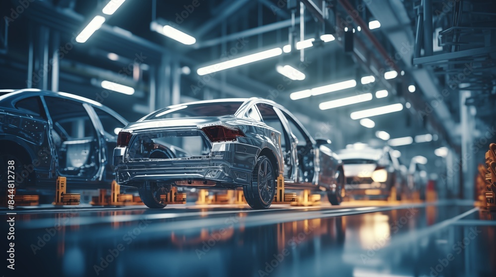 Fototapeta premium Mass Production Process, Assembly Line of Contemporary Cars in Factory.