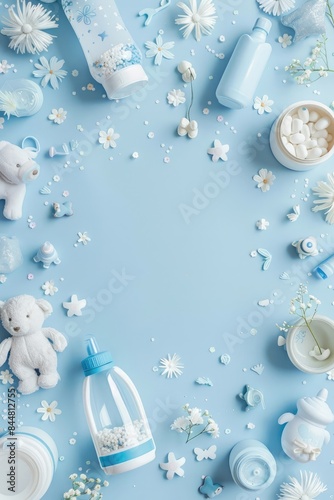 Baby Boy Shower Blue Background with Decorations.