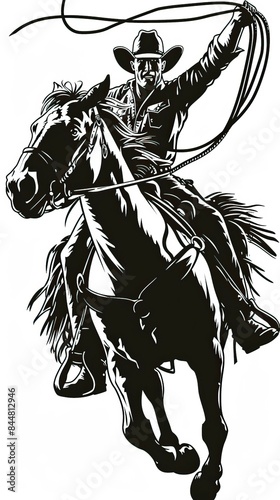 American cowboy riding horse and throwing lasso, horse drawing