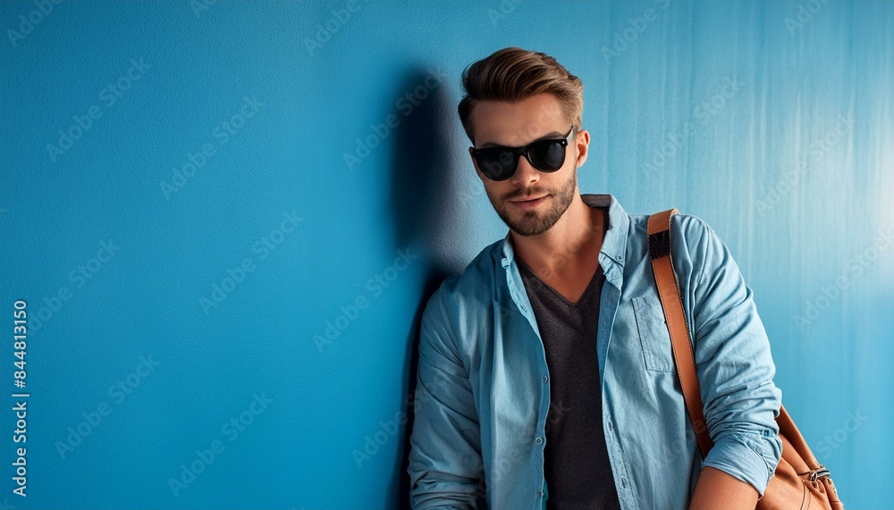 A fashion influencer presents a trendy look in front of a blue wall.