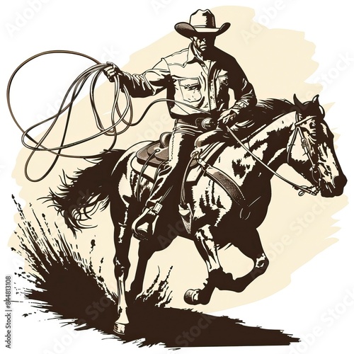 American cowboy riding horse and throwing lasso, horse drawing