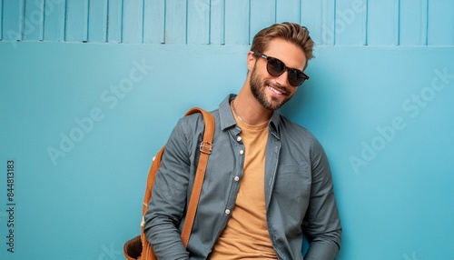 A fashion influencer presents a trendy look in front of a blue wall.