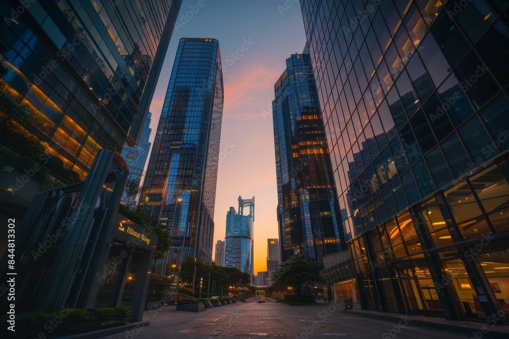 Obraz premium Sunset among modern skyscrapers in business district