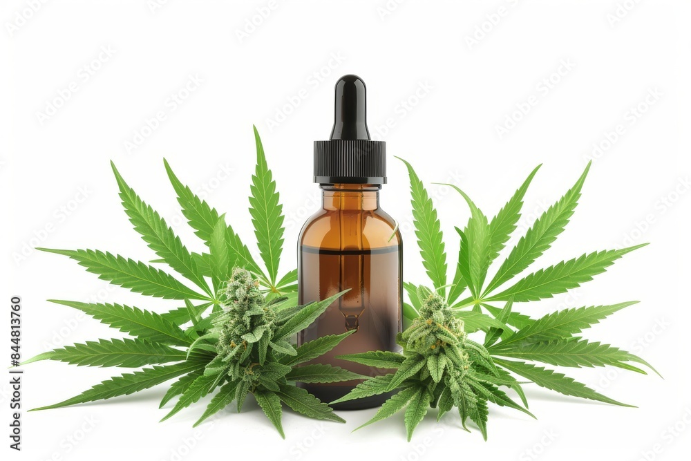 Fototapeta premium CBD Oil Bottle With Cannabis Flowers On White Background