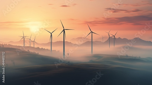 Misty wind farm at sunrise.