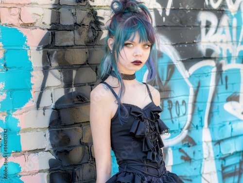 Gothic lola, black hair, bangs, short hair, hair buns, green eyes, black mascara, black lipstick, black blouse, black mini skirt, ruffles, white shoulder blades