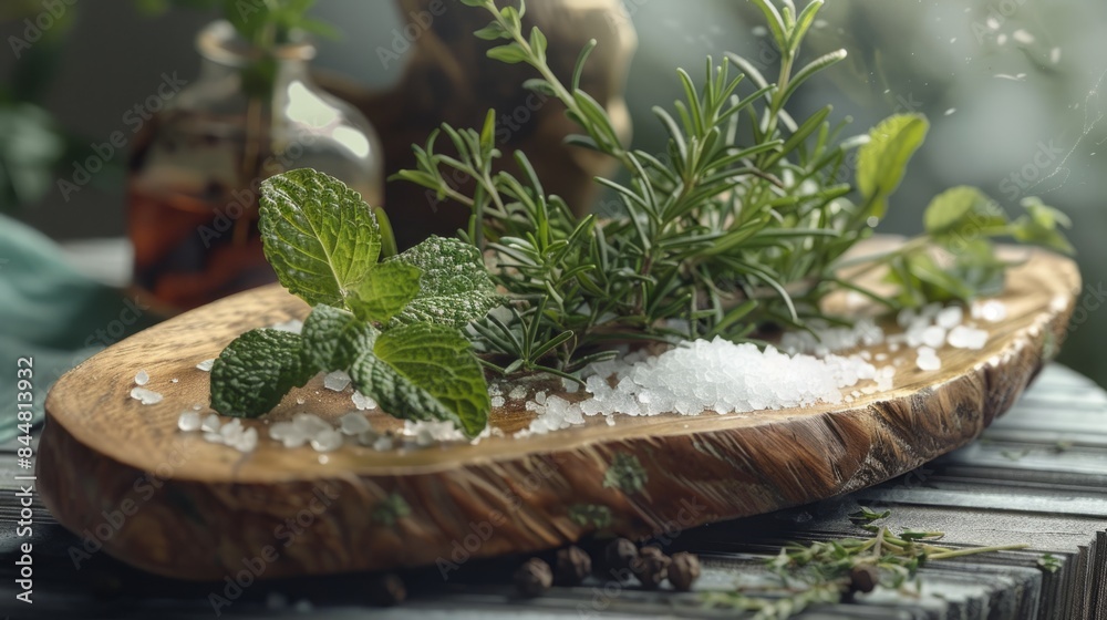 dish from a side angle, showing the texture of the wood and the arrangement of the herbs and salt. generative ai