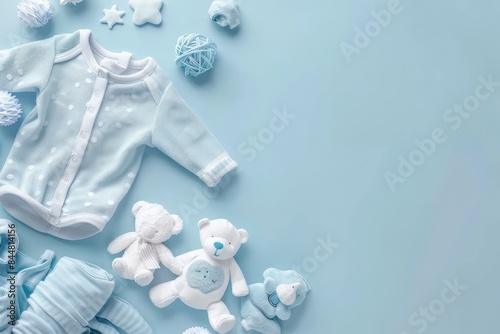 Blue Baby Clothes and Toys on Blue Background.