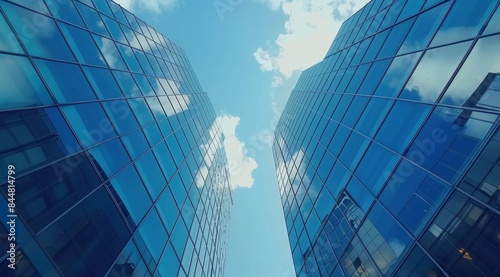 Reflective skyscrapers with clear blue sky