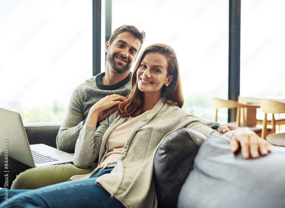 Fototapeta premium Portrait, smile and couple on laptop for relax, support and connection for love together in home. Happy man, woman and computer on sofa for social media, news and streaming on website in living room