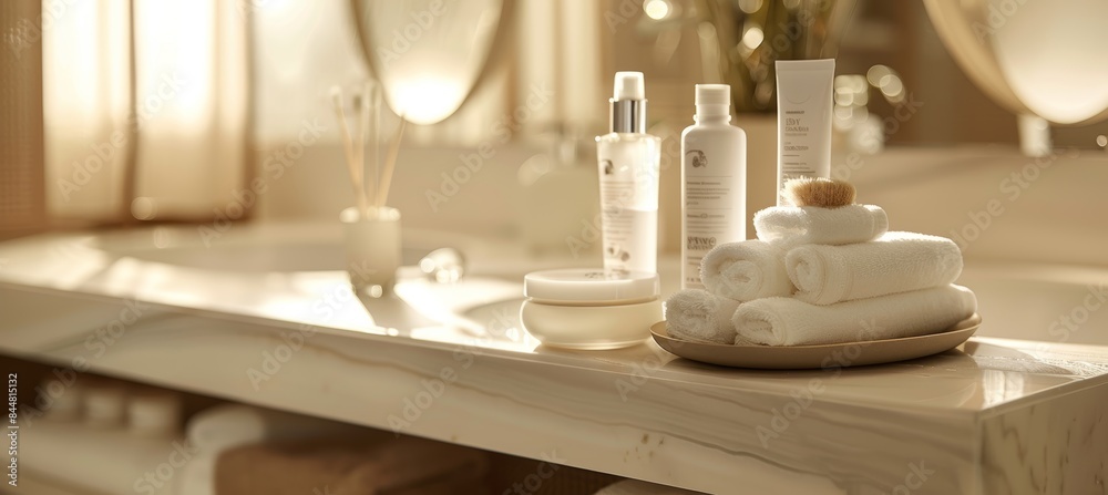 High-End Spa Offering RF Lifting with Elegant Skincare Promotional Materials on Display High-End Spa Offering RF Lifting with Elegant Skincare Promotional Materials on Display