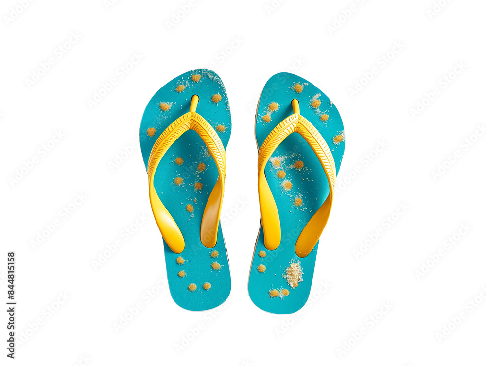 Teal and Yellow Flip-Flops in Sand