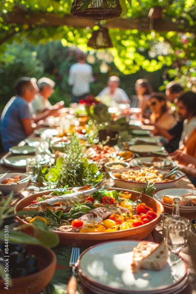 Lively Family Gathering in Mediterranean Garden Celebrating Togetherness with Fresh Dishes Lively Family Gathering in Mediterranean Garden Celebrating Togetherness with Fresh Dishes