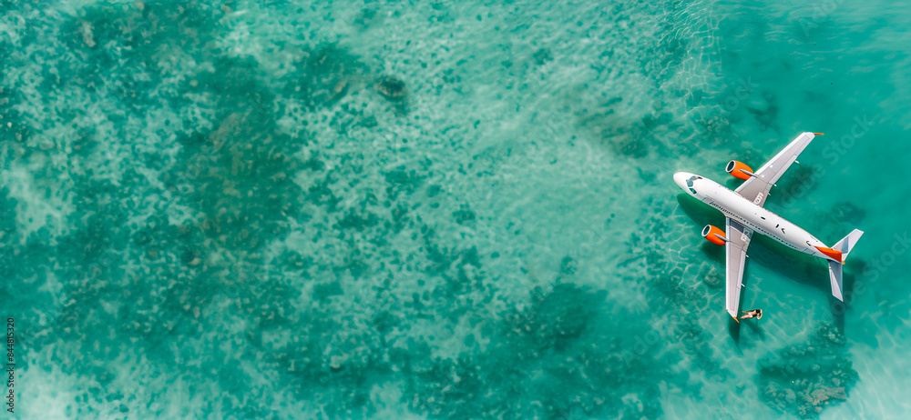 Fototapeta premium Aerial view of the beach with the shadow of a flying airplane over clear turquoise water and golden sand. Reefs and rocks