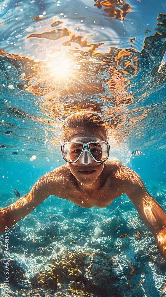 Fototapeta premium A man wearing a snorkeling mask takes a selfie underwater. The background shows the sun's rays breaking through the surface of the water.