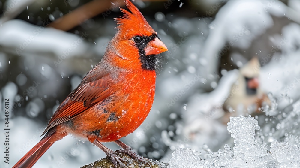 Aerial view of lone red cardinal amidst white birds on blue background, striking contrast Aerial view of lone red cardinal amidst white birds on blue background, striking contrast