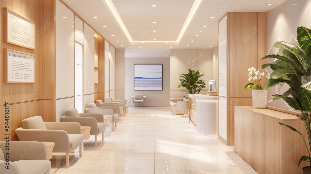 Fototapeta premium Modern Clinic Waiting Area with Comfortable Seating and Educational Posters for IPL Phototherapy
