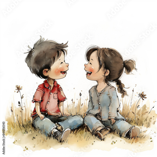 草原で遊ぶ仲良しな子供たち
Happy children playing in a meadow