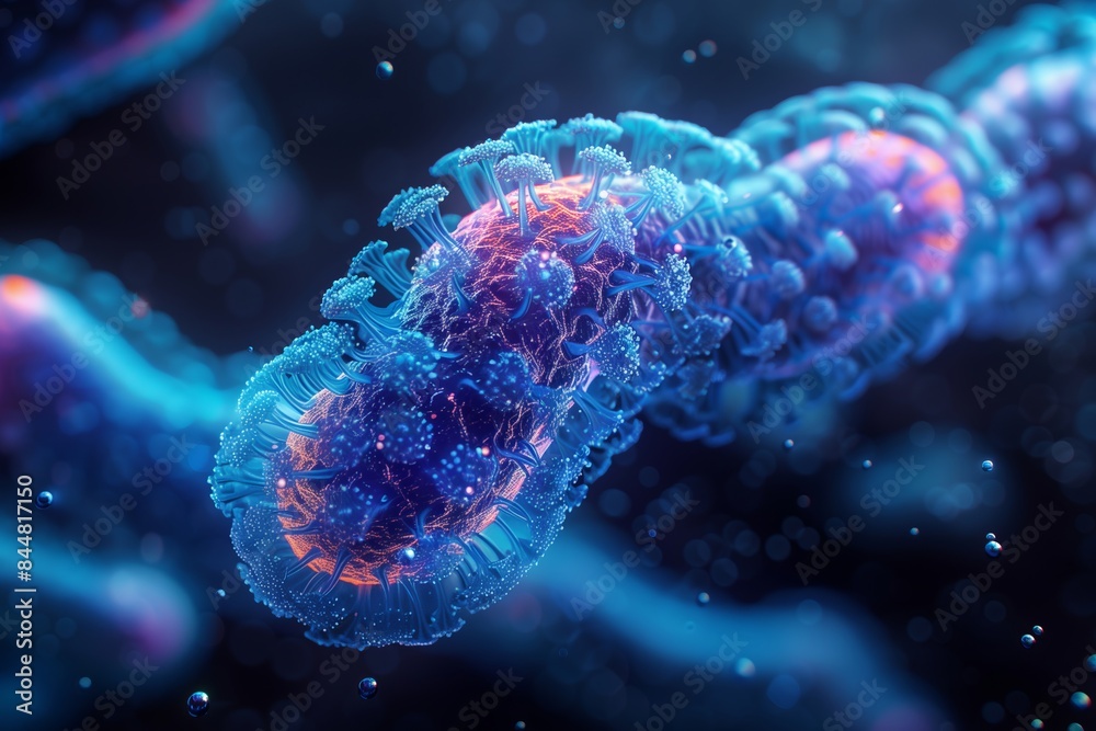 A blue and orange virus is shown in a close up. The image has a mood of fear and danger, as the virus is depicted as a menacing and potentially deadly force A blue and orange virus is shown in a close up. The image has a mood of fear and danger, as the virus is depicted as a menacing and potentially deadly force