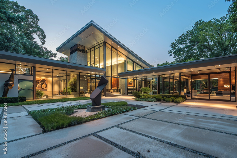 A modern front home with an angular design, large glass walls, and a front courtyard with a sculpture garden. A modern front home with an angular design, large glass walls, and a front courtyard with a sculpture garden.