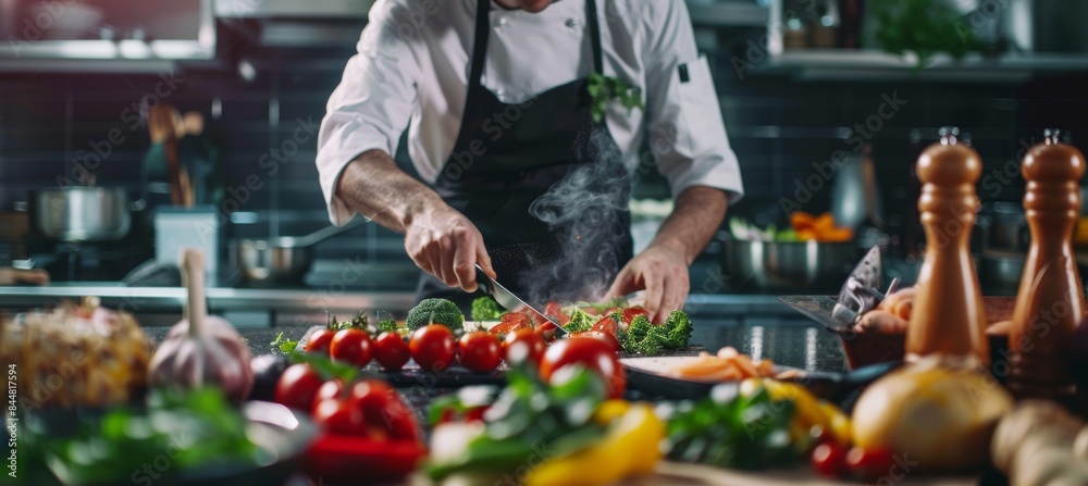 Professional Chef Preparing a Colorful Ketogenic Dish with Fresh Vegetables in a High-End Kitchen Professional Chef Preparing a Colorful Ketogenic Dish with Fresh Vegetables in a High-End Kitchen