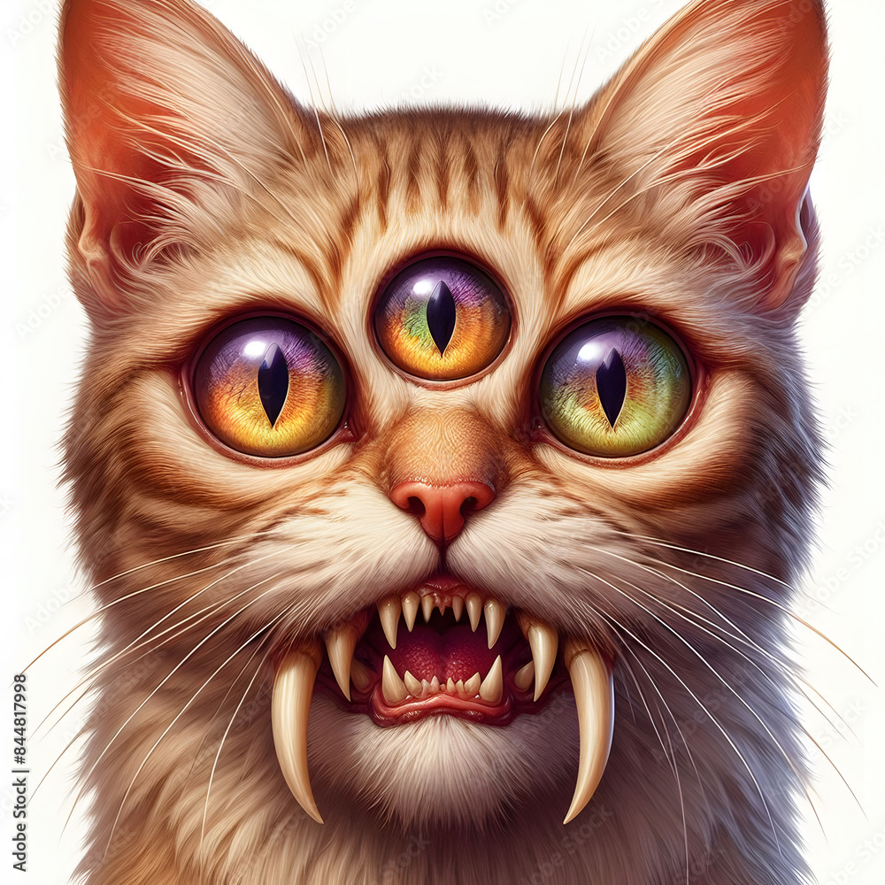 Realistic three eye cat long fangs illustration Realistic three eye cat long fangs illustration