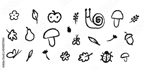 Children’s drawing of flower, birds, mushrooms and insects. Kids hand drawn nature elements. Simple vector graphic isolated on white background.