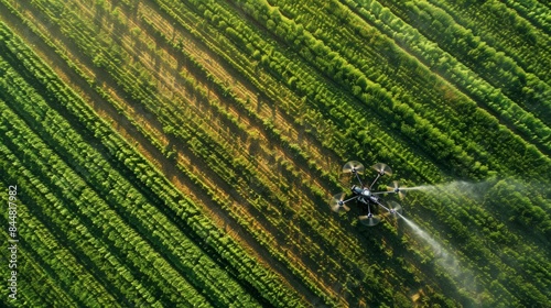 An aerial view of an autonomous drone spraying crops in a large agricultural field. The drone is seen from above, flying over rows of green plants