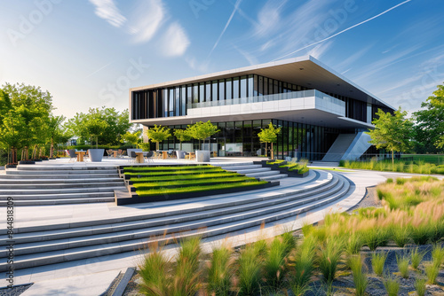 A modern office building with an outdoor amphitheater, surrounded by greenery and designed for corporate and public events
