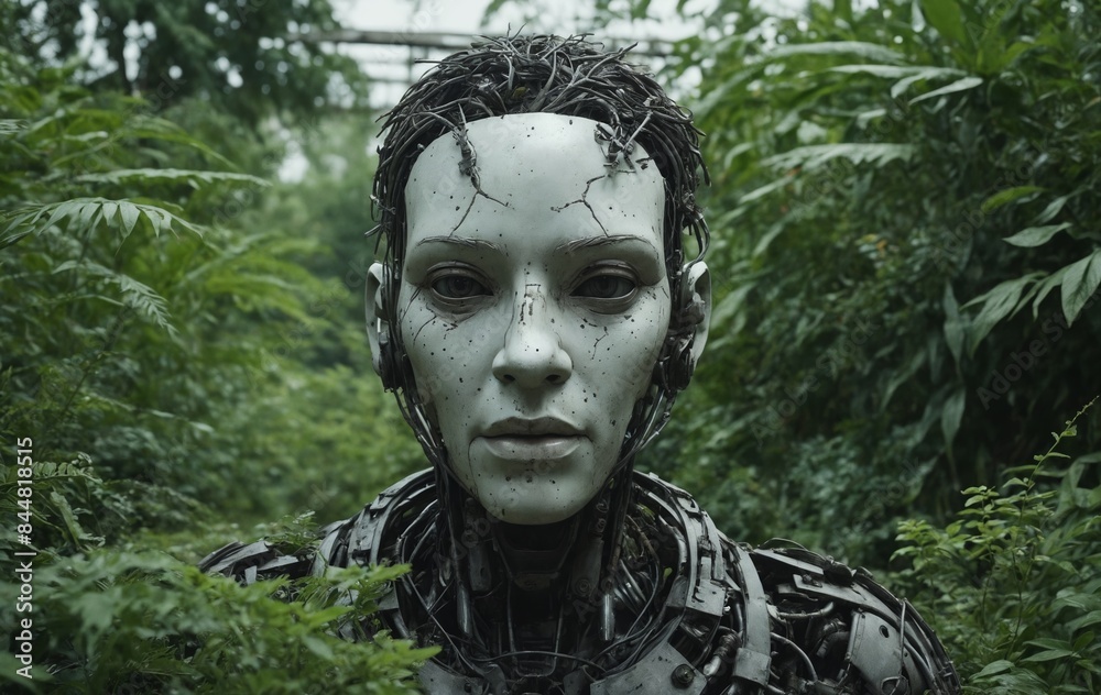 Robot in forest surrounded by lush green plants and trees