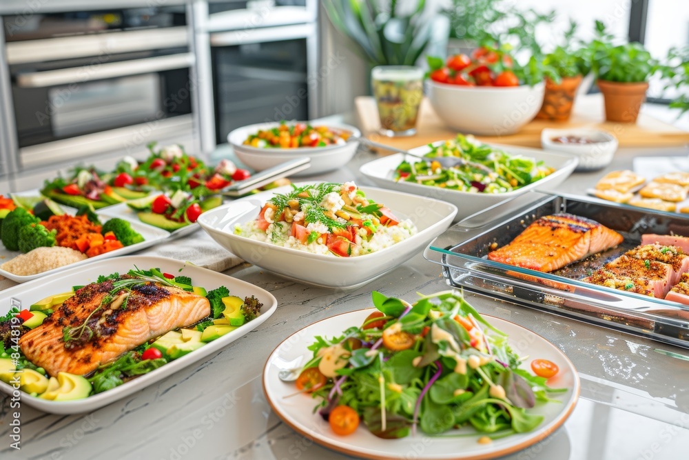 Delicious Keto Meals Arrangement Featuring Grilled Salmon, Avocado Salad, and Keto-Friendly Desserts Delicious Keto Meals Arrangement Featuring Grilled Salmon, Avocado Salad, and Keto-Friendly Desserts