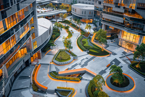 A panoramic view of an office park with multiple buildings, connected by landscaped walkways and shared outdoor spaces