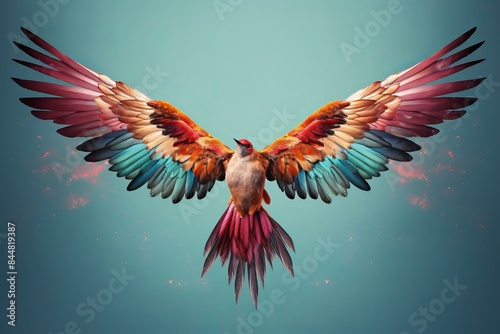 Fantasy phoenix bird in flight with vibrant expanded wings on a teal background