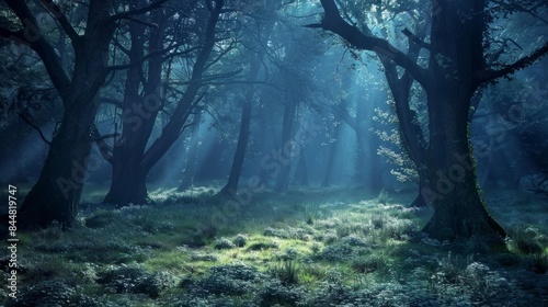A dreamy photo of a moonlit forest clearing with ancient trees casting long shadows and a hint of fog in the air