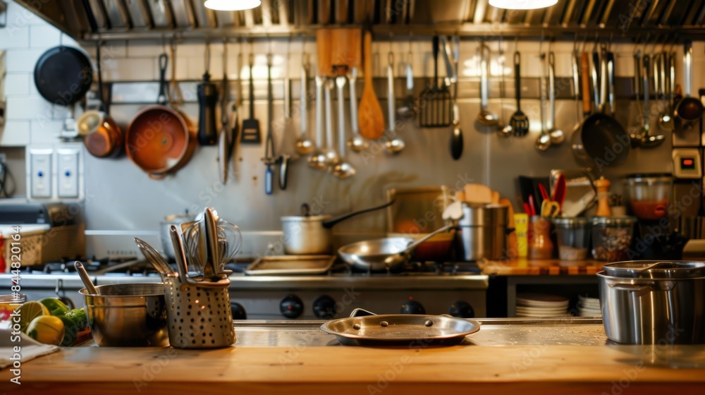 utensils hanging in the background, showing a functional kitchen environment generative ai
