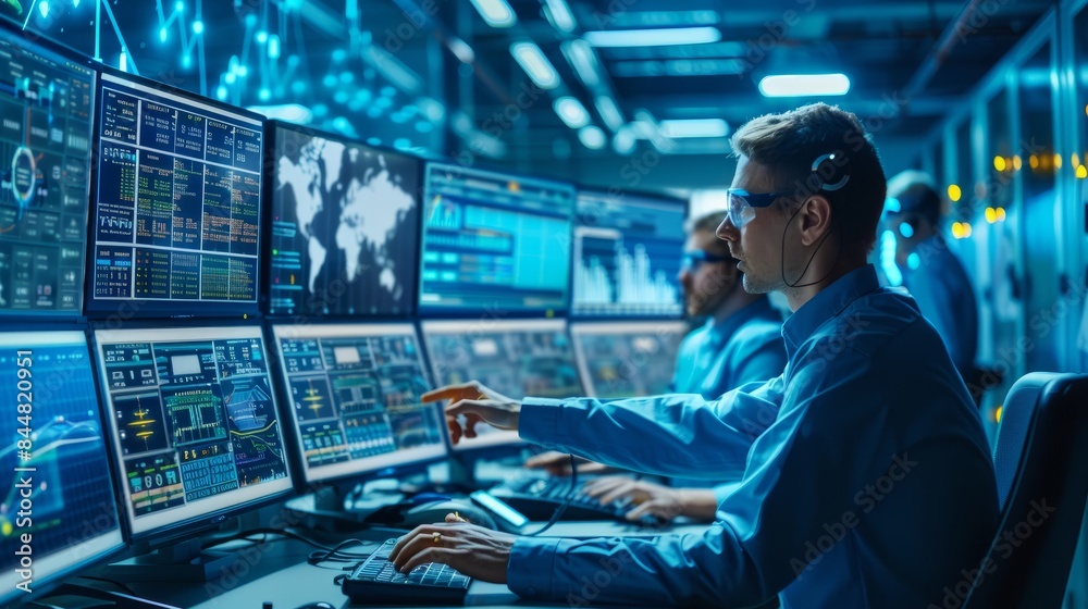 Engineers work on a control panel in a modern power grid control center