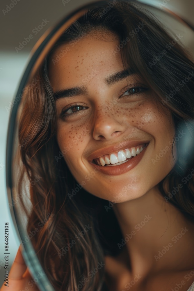 Confident Young Woman Smiling at Her Reflection Post Successful Laser Skin Treatment Session Confident Young Woman Smiling at Her Reflection Post Successful Laser Skin Treatment Session