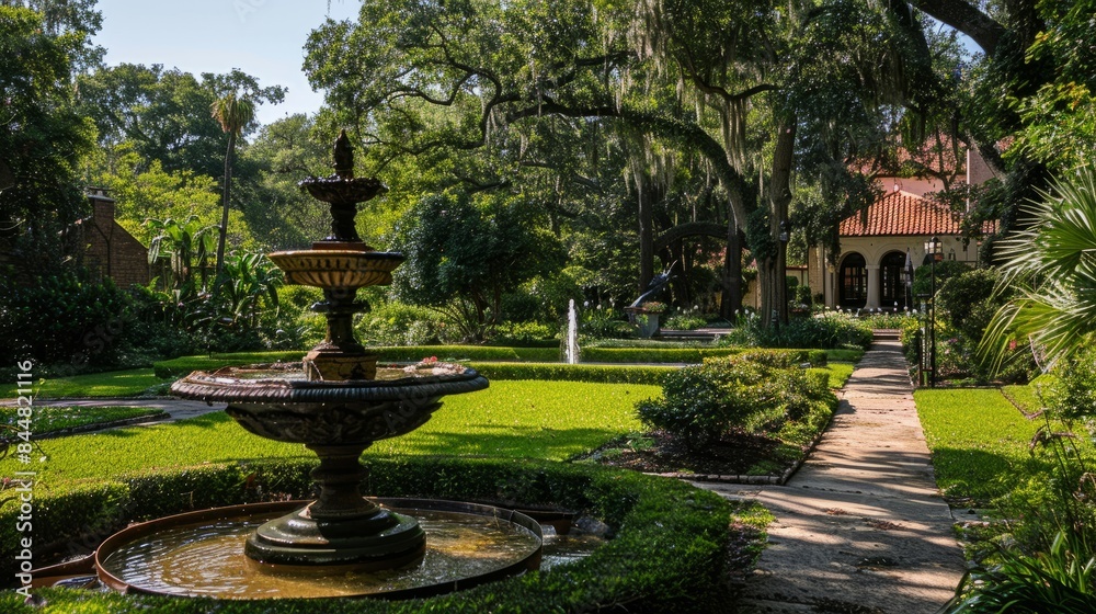 A picturesque view of manicured gardens surrounding a historic mansion, featuring an ornate fountain and lush greenery