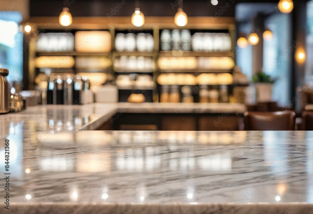 Empty table marble countertop with bright restaurant or coffee shop background Empty table marble countertop with bright restaurant or coffee shop background