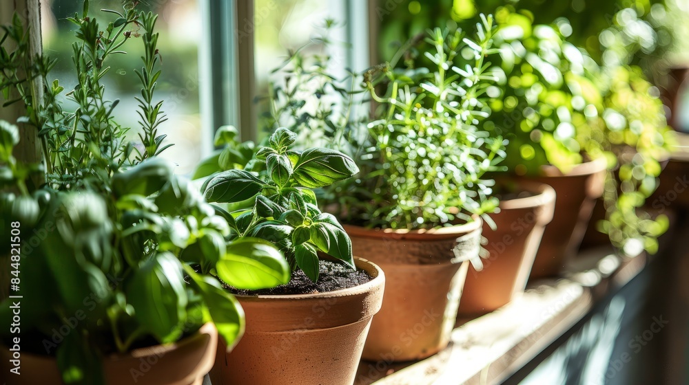 A close-up image of a small herb garden on a kitchen windowsill. Several terracotta pots filled with fresh herbs, including basil, rosemary, and thyme, are visible