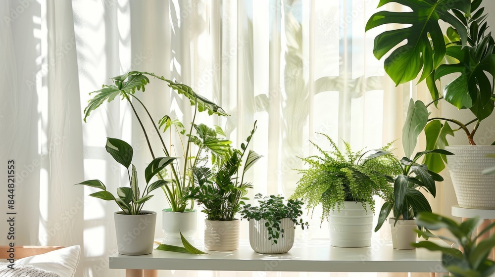 Fototapeta premium table with some houseplants nearby, adding a touch of green generative ai