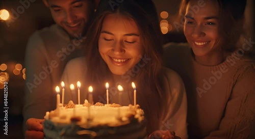 Birthday cake surprise, a group of friends and family surprising someone with a birthday cake and lit candles