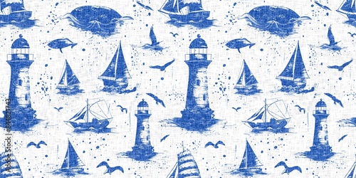 Coastal sail boat in azure ocean blue seamless border background. Modern sailing boat block print for decorative coast interior furnishing fabric for rustic linen beach cottage banner trend. 