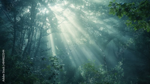 A stunning photograph capturing the ethereal beauty of a misty forest at sunrise  with soft sunlight streaming through dense foliage