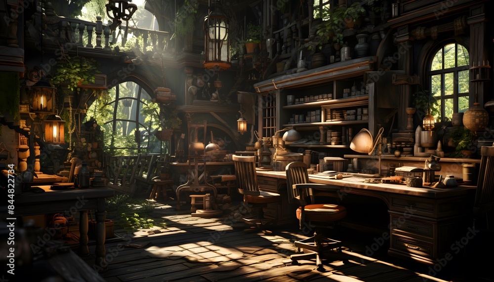 3d render of an old wooden cafe in the forest. High quality photo