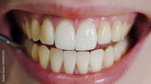 close up of smile with yellow and white teeth