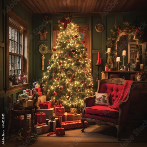 Christmas tree in the living room with gifts and a red armchair