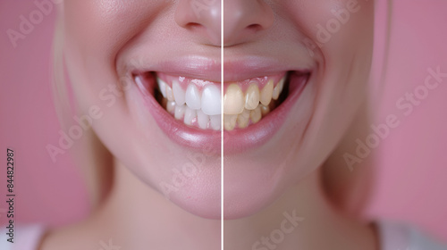 close up of smile with yellow and white teeth